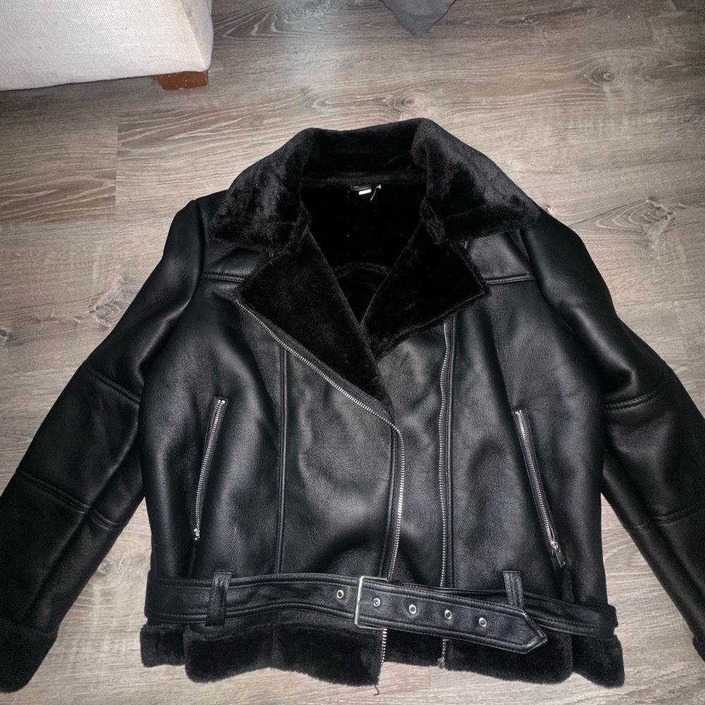 Topshop Black Leather Jacket with Belted Detail - Picture 3 of 7